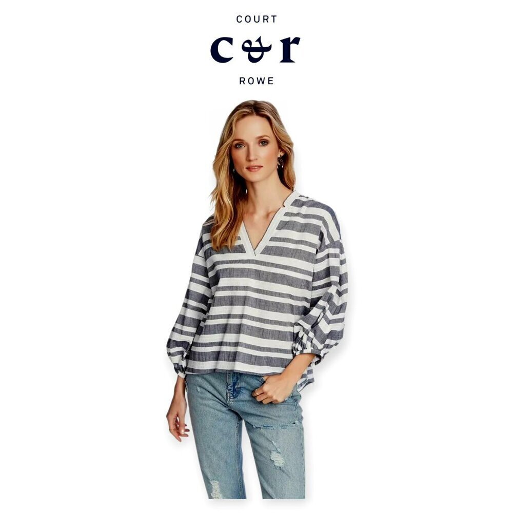 COURT & ROWE Blue Striped Cotton Spandex Blouse Medium Half Sleeve Spring Top